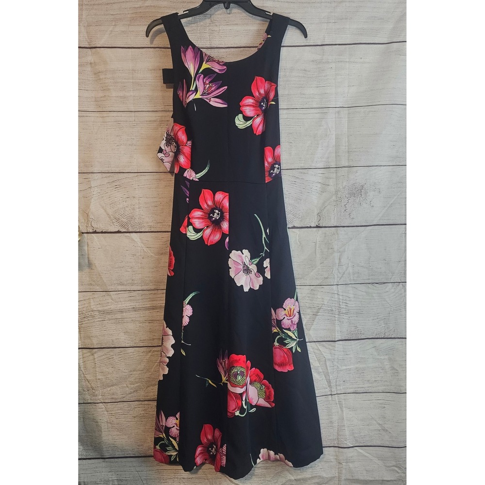 Ann Taylor Size 8 High Round Neck Black Floral Midi Dress Criss Cross Bow 1428